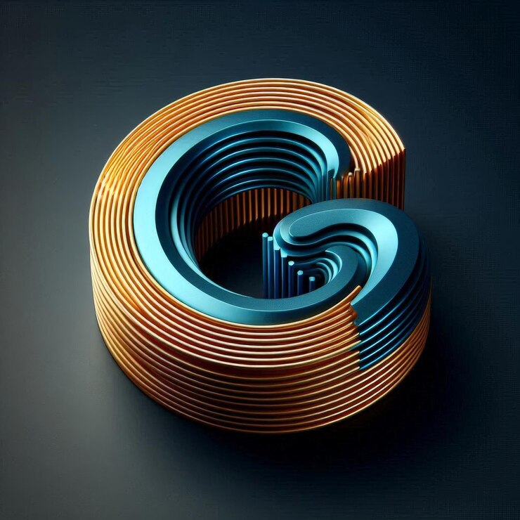Foto renderización 3d de la letra 39g39 formada por anillos azules y dorados apilados sobre un fondo oscuro