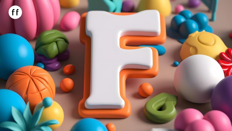 Foto renderización 3d de la letra f rodeada de objetos coloridos lúdicos con textura de arcilla estilizada