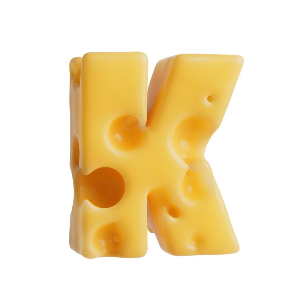 Renderización en 3D de la letra K de la fuente Swiss Cheese