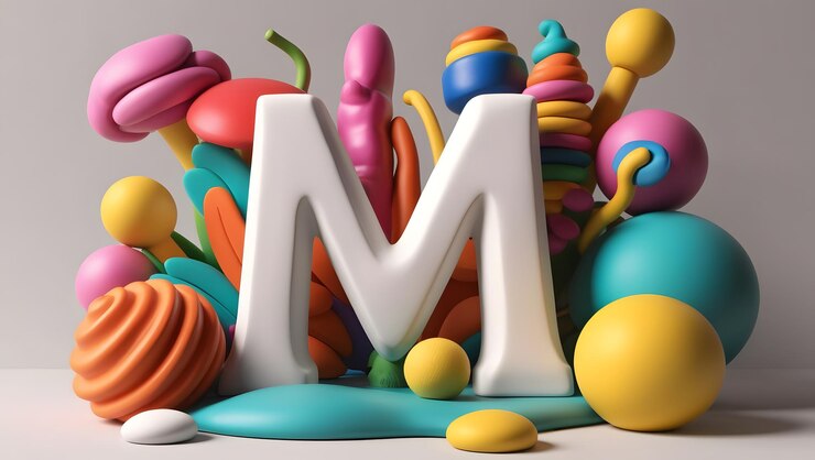 Foto renderización 3d de la letra m rodeada de coloridos objetos lúdicos en textura de arcilla cgi