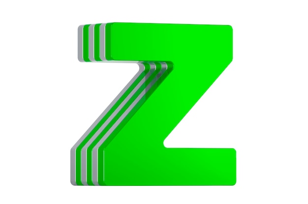 Renderización 3D de la letra verde Z en capas aislada sobre un fondo blanco