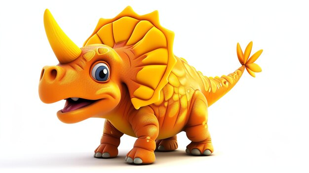 Renderización 3D de un lindo y colorido dinosaurio triceratops El dinosaurio es naranja y amarillo tiene grandes ojos y una sonrisa amistosa