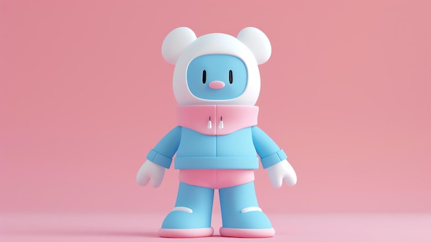 Renderización 3D de un lindo y colorido oso de dibujos animados con un traje espacial El oso es blanco y azul con acentos rosados