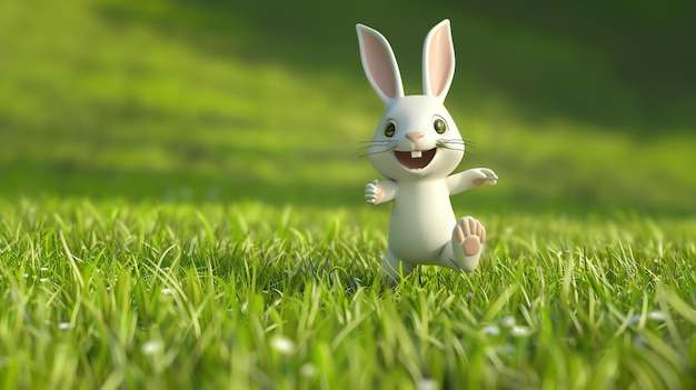 Foto renderización 3d de un lindo conejo blanco saltando a través de un campo de hierba verde en un día soleado el conejo está sonriendo y parece feliz