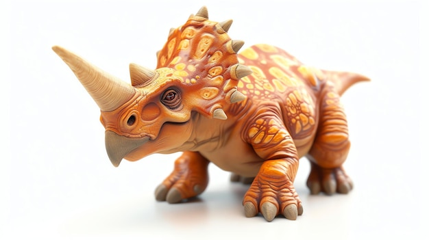 Renderización 3D de un lindo dinosaurio triceratops de dibujos animados El dinosaurio es naranja y amarillo con un vientre blanco y tiene una expresión amistosa en su cara