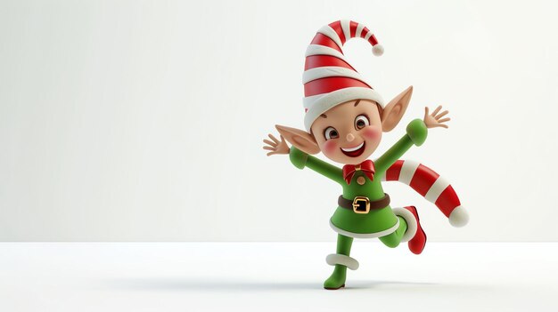 Renderización 3D de un lindo elfo navideño en un traje verde y sombrero a rayas rojas y blancas El elfo está sonriendo y tiene los brazos extendidos