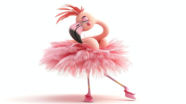 Renderización 3D de un lindo flamenco rosado con un tutu y zapatos de ballet aislados sobre un fondo blanco