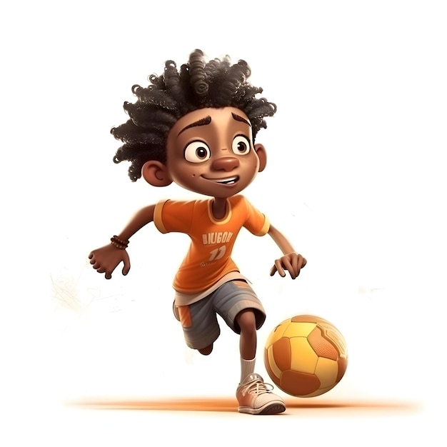Renderización 3D de un lindo niño afroamericano jugando al fútbol
