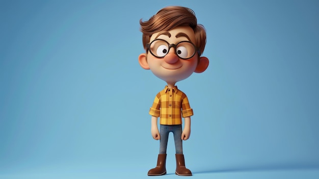 Renderización 3D de un lindo niño de dibujos animados con gafas y una camisa a cuadros Tiene cabello marrón y ojos marrones y está sonriendo