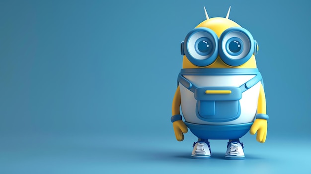 Foto renderización 3d de un lindo personaje de dibujos animados amarillo el personaje tiene grandes ojos un mono azul y una mochila