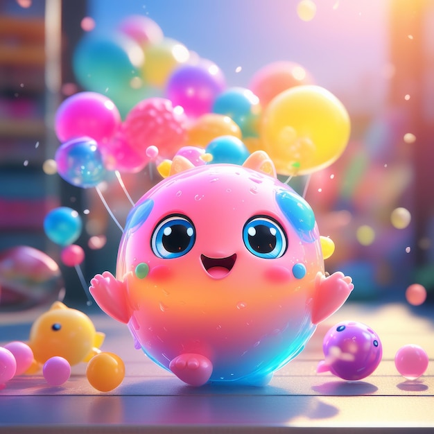 Renderización 3D de un lindo personaje de dibujos animados con caramelos de colores y caramelos en el suelo