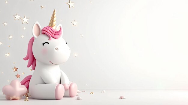 Renderización 3D de un lindo unicornio con cabello rosado sentado sobre un fondo blanco El unicornio tiene un cuerno dorado y pezuñas