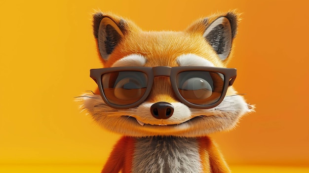 Renderización 3D de un lindo zorro de dibujos animados con gafas de sol El zorro tiene una expresión amistosa en su cara y está mirando al espectador
