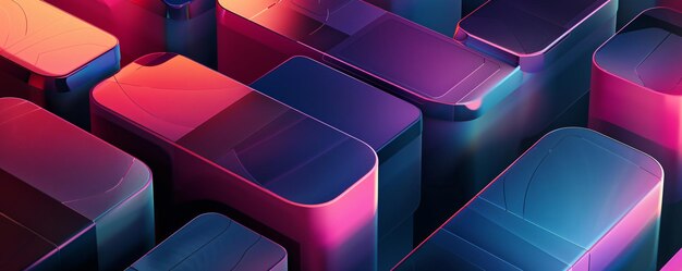 Renderización 3D llamativa con una variedad de formas rectangulares redondeadas con superficies metálicas