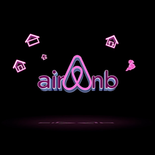 Renderización 3D del logotipo de Airbnb en acrílico transparente girando suavemente en una vista diagonal contornos rosa neón