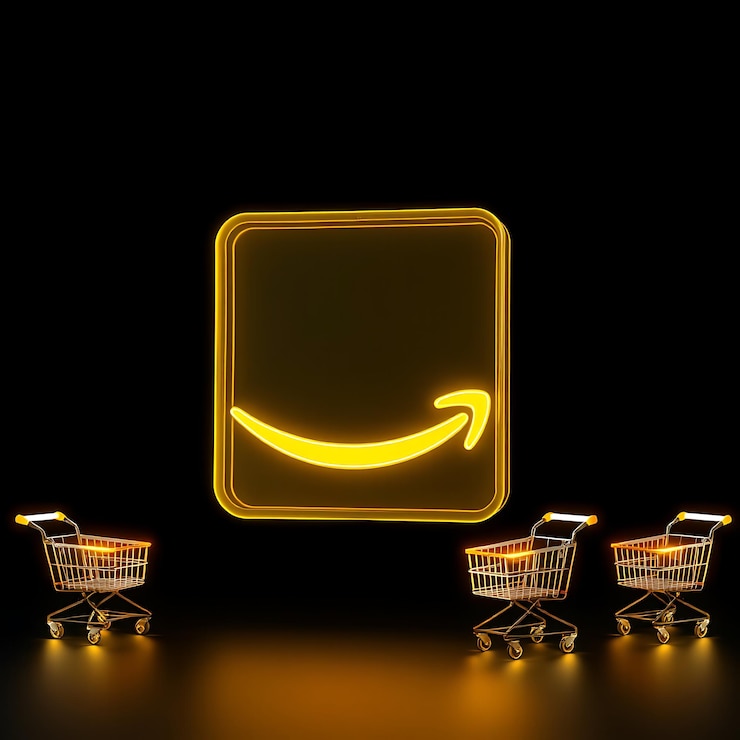 Foto renderización 3d del logotipo de amazon en vidrio amarillo transparente flotante brillo amarillo de neón vertical que describe la s