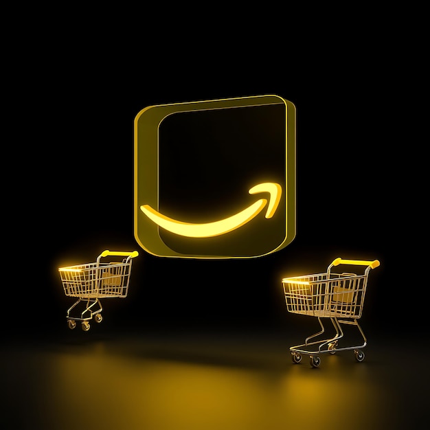 Renderización 3D del logotipo de Amazon en vidrio amarillo transparente flotante brillo amarillo de neón vertical que describe la S