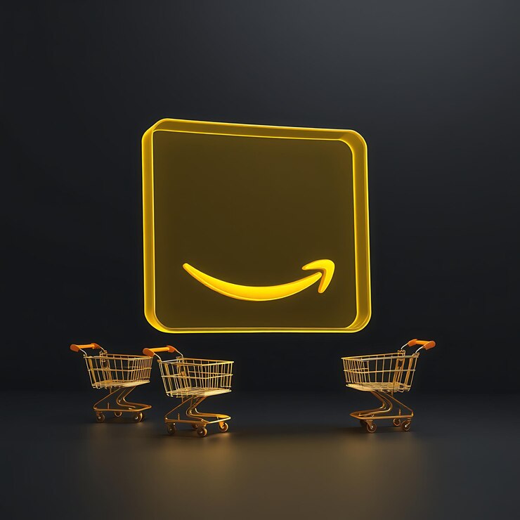 Foto renderización 3d del logotipo de amazon en vidrio amarillo transparente flotante brillo amarillo de neón vertical que describe la s