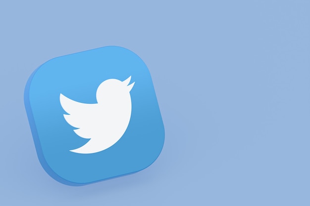 Renderización 3D del logotipo de la aplicación de Twitter en un fondo azul