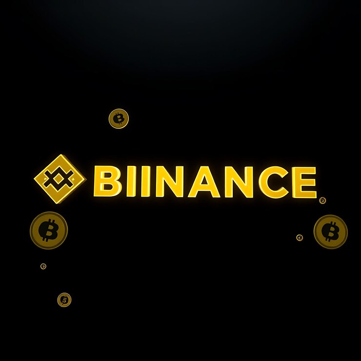 Foto renderización 3d del logotipo de binance tallado en vidrio amarillo esmaltado girando suavemente con contornos amarillos de neón