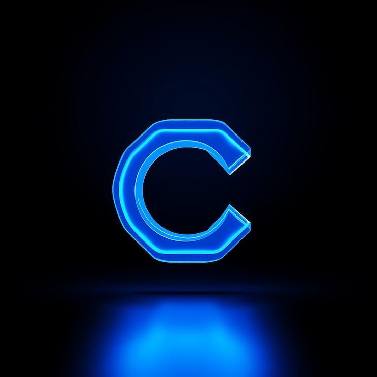 Foto renderización 3d del logotipo de coinbase extrudido en acrílico azul translúcido flotando hacia adelante con contornos azules de neón i