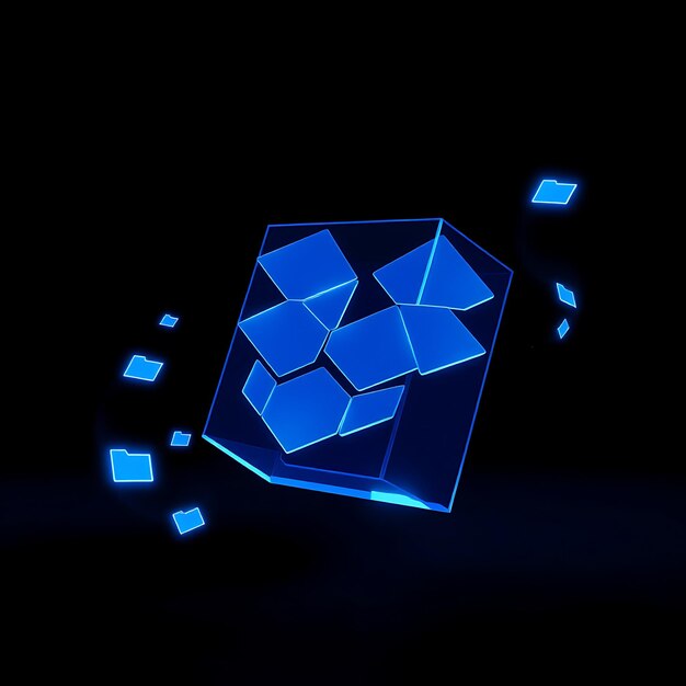 Renderización 3D del logotipo de Dropbox en vidrio azul transparente flotante con bordes azules de neón verticales que definen la caja