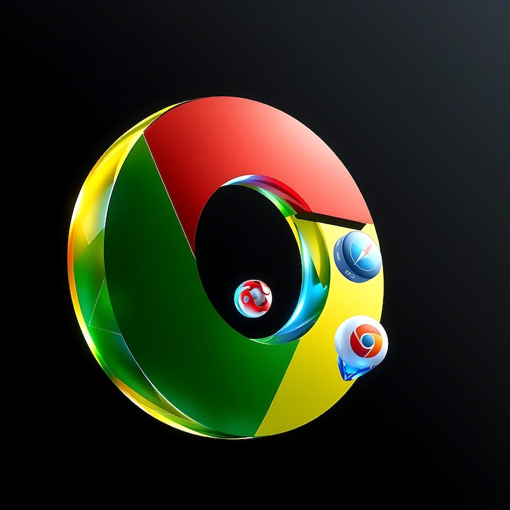 Foto renderización 3d del logotipo de google chrome formado en material de prisma transparente flotando a 45 grados rojo neón