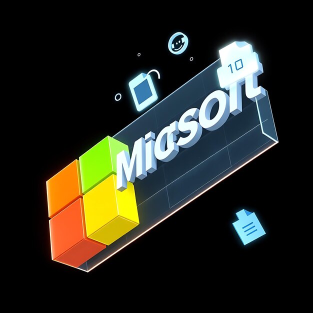 Renderización 3D del logotipo de Microsoft modelado en vidrio multicolor esmaltado flotando a una inclinación de 30 grados brillante