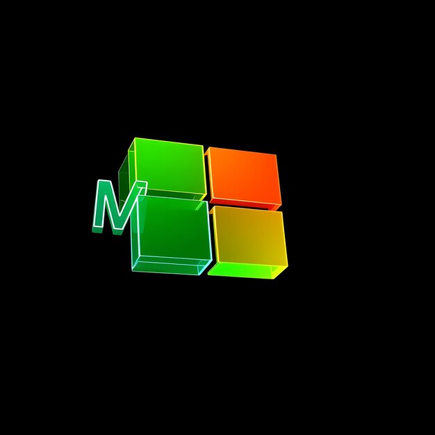 Renderización 3D del logotipo de Microsoft en relieve en vidrio translúcido multicolor flotando a una inclinación de 20 grados