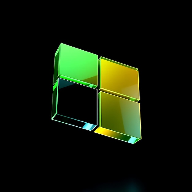Renderización 3D del logotipo de Microsoft en relieve en vidrio translúcido multicolor flotando a una inclinación de 20 grados