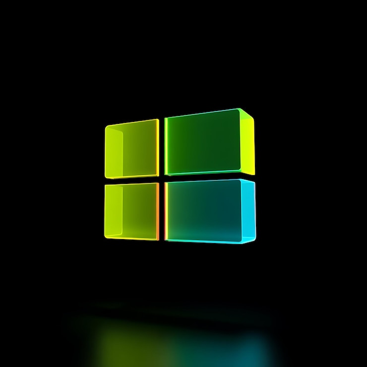 Foto renderización 3d del logotipo de microsoft en relieve en vidrio translúcido multicolor flotando a una inclinación de 20 grados