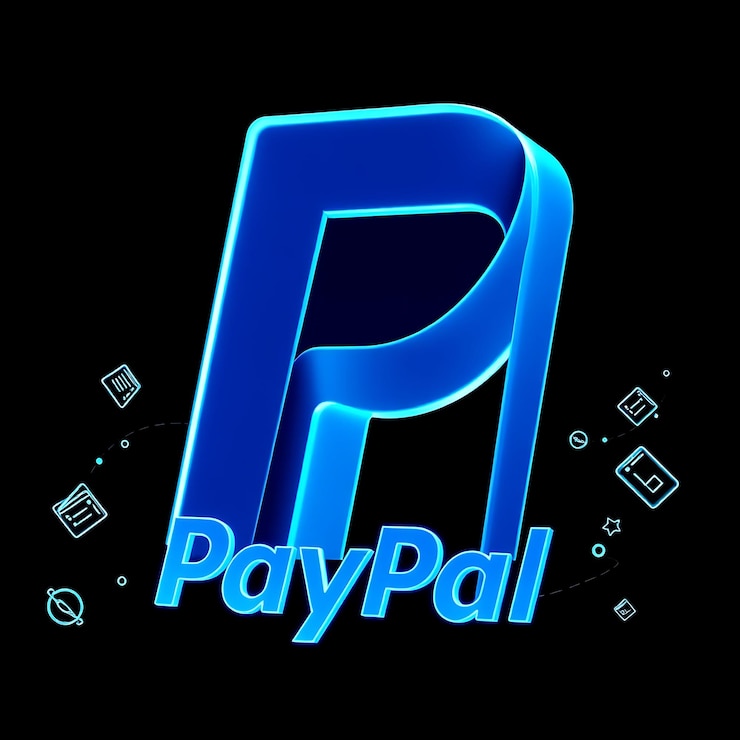 Foto renderización 3d del logotipo de paypal extrudido en vidrio azul esmaltado que gira lentamente con contornos azules de neón