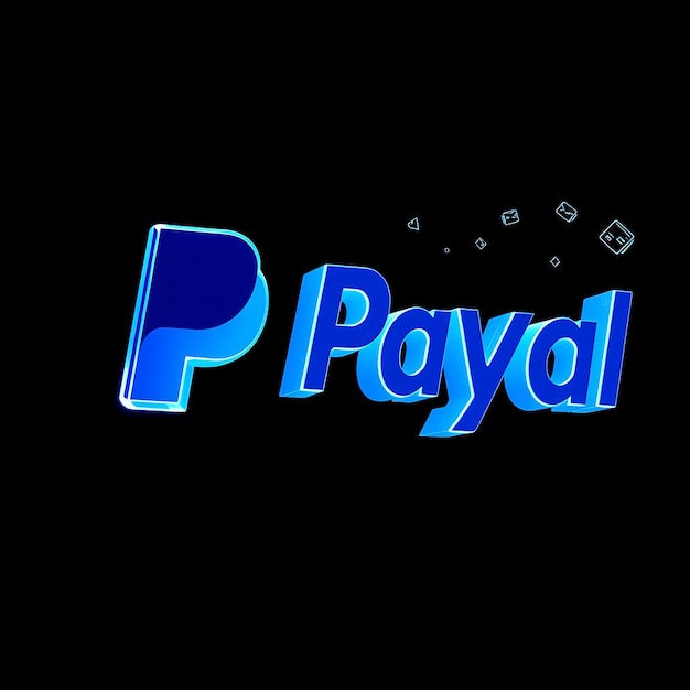 Renderización 3D del logotipo de Paypal extrudido en vidrio azul esmaltado que gira lentamente con contornos azules de neón