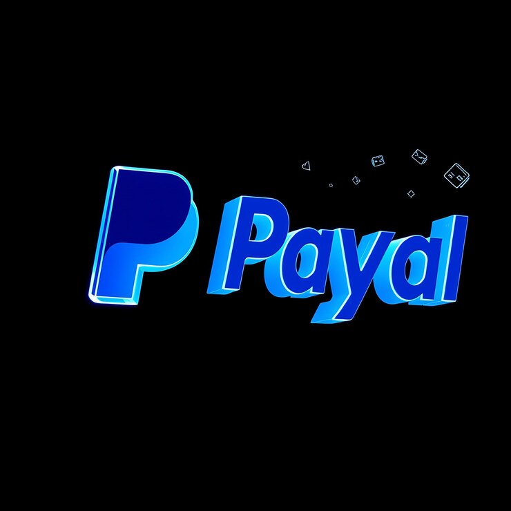 Foto renderización 3d del logotipo de paypal extrudido en vidrio azul esmaltado que gira lentamente con contornos azules de neón