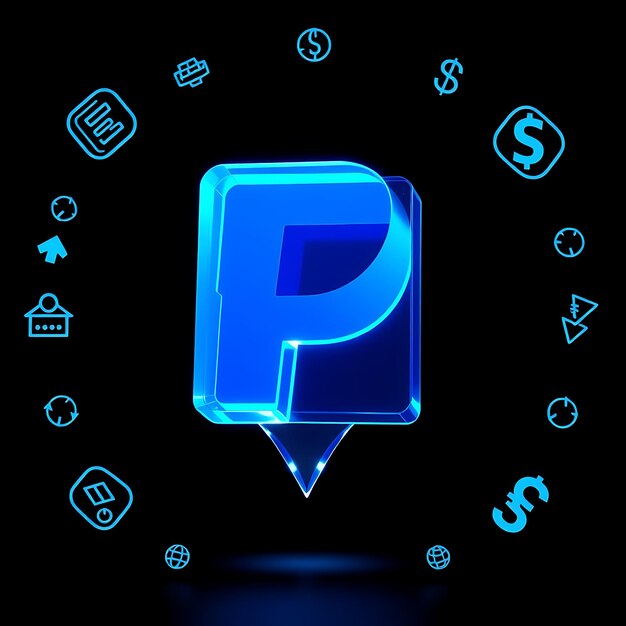 Renderización 3D del logotipo de Paypal moldeado a partir de vidrio de zafiro transparente flotando con un ángulo de 25 grados hacia abajo