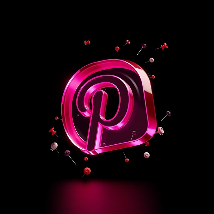 Foto renderización 3d del logotipo de pinterest diseñado en vidrio rosa translúcido flotando en un ángulo inclinado neón rosa a
