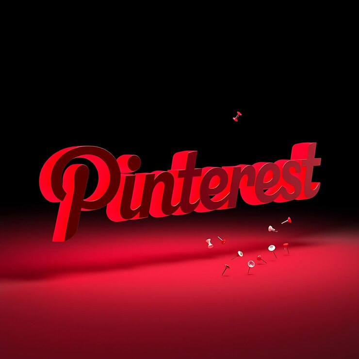 Foto renderización 3d del logotipo de pinterest extrudido en rojo rubí translúcido flotando en un neón de inclinación aguda de 45 grados