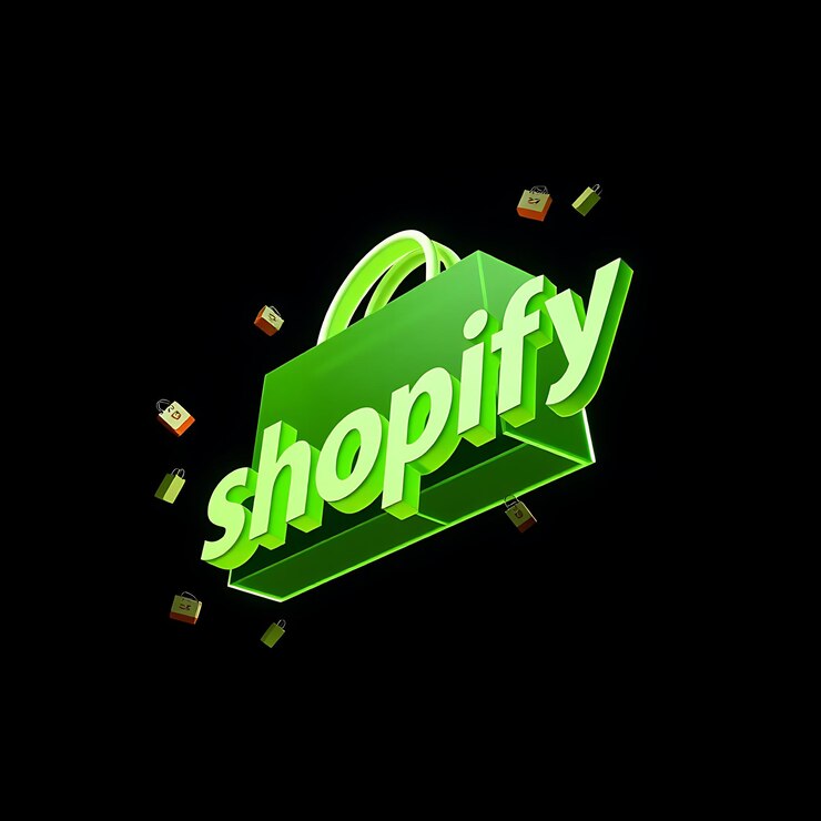 Foto renderización 3d del logotipo de shopify extrudido de acrílico verde translúcido flotando diagonalmente con brillo verde neón
