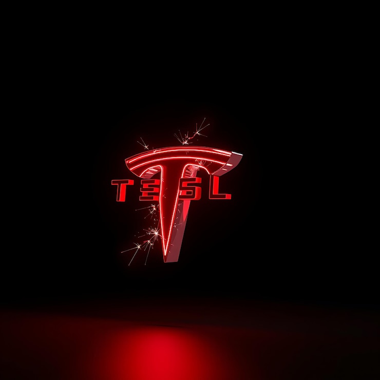 Foto renderización 3d del logotipo de tesla en acero transparente pulido flotando en un lado inclinado luces rojas de neón highlig