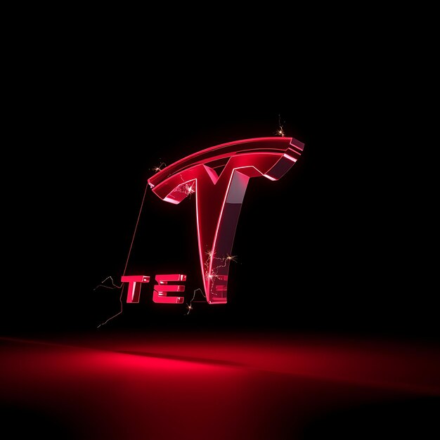 Renderización 3D del logotipo de Tesla en acero transparente pulido flotando en un lado inclinado luces rojas de neón Highlig