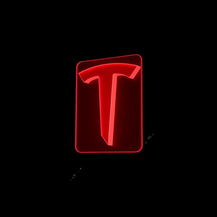 Foto renderización 3d del logotipo de tesla en vidrio rojo helado claro flotando lateralmente brillo rojo de neón resalta la t