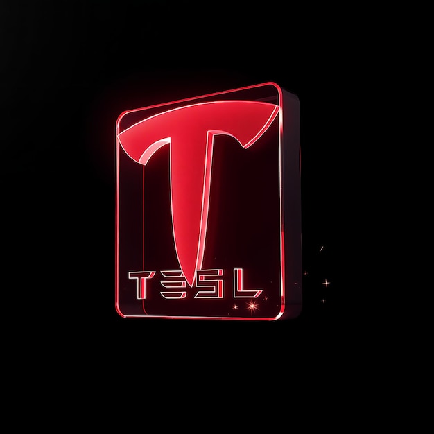 Renderización 3D del logotipo de Tesla en vidrio rojo helado claro flotando lateralmente brillo rojo de neón resalta la T