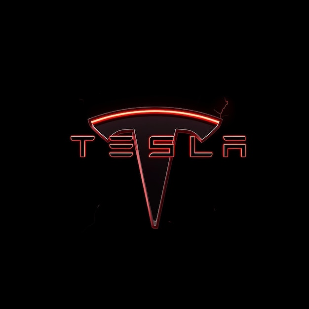Renderización 3D del logotipo de Tesla en vidrio transparente humeante flotando de cabeza con un ligero giro en los bordes de neón en
