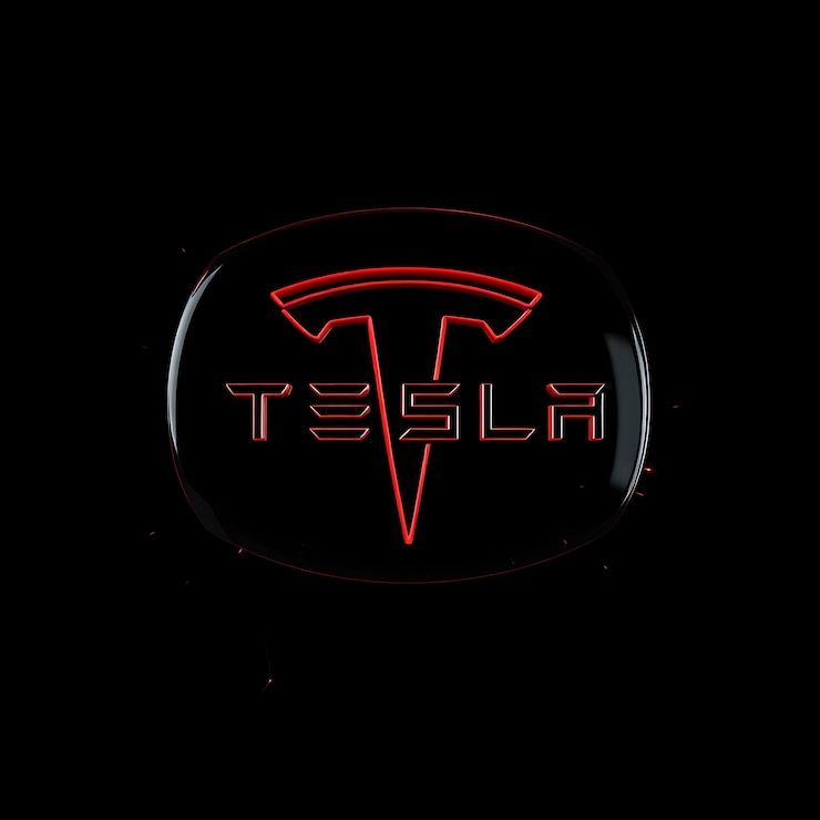 Foto renderización 3d del logotipo de tesla en vidrio transparente humeante flotando de cabeza con un ligero giro en los bordes de neón en