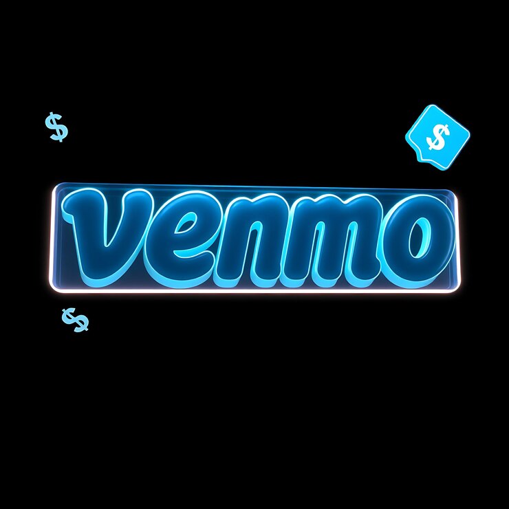 Foto renderización 3d del logotipo de venmo extrudido en vidrio esmaltado con un tinte azul flotando horizontalmente con luz de neón p