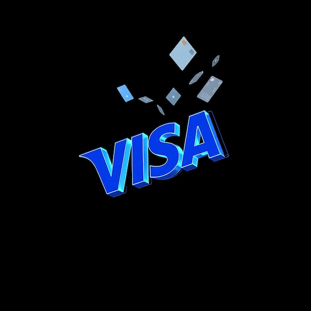 Renderización 3D del logotipo de Visa extrudido en resina azul transparente flotando en un Shin de bordes azules de neón diagonal
