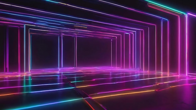 Renderización 3D de luz de neón RGB en el fondo oscuro Líneas láser abstractas muestran por la noche ultravioleta sp