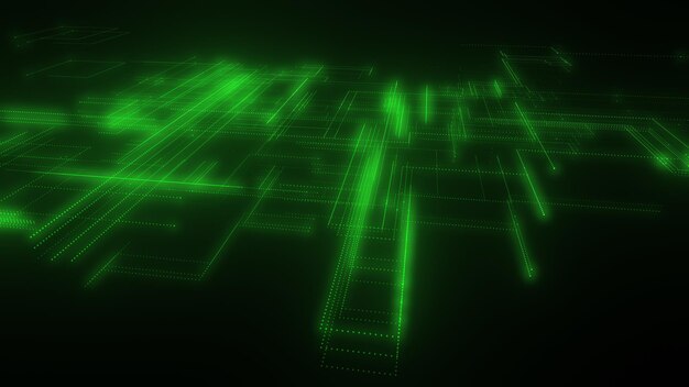 Renderización 3D de una malla de neón digital hecha de líneas y puntos brillantes