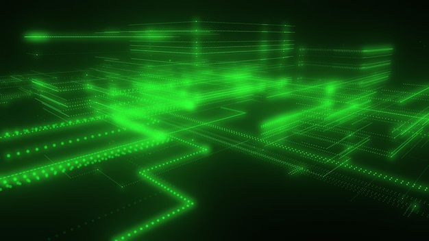 Renderización 3D de una malla de neón digital hecha de líneas y puntos brillantes