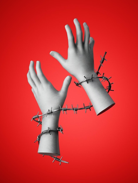 Renderización 3D de manos humanas atadas con alambre de púas aisladas en fondo rojo